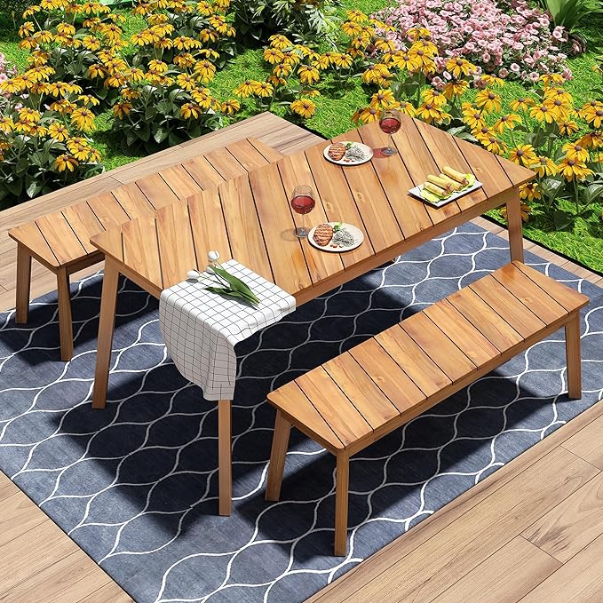 3-Pieces Patio Dining Set with Acacia Wood Tabletop and 2 Benches, Outdoor & Indoor Table and Chairs Furniture for Picnic Barbecue, Porch, Garden, Poolside, Onesize, Natural - LeafyLoom