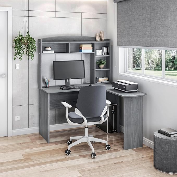 Techni Mobili Modern Hutch L-Shaped Computer Desk, Grey - LeafyLoom