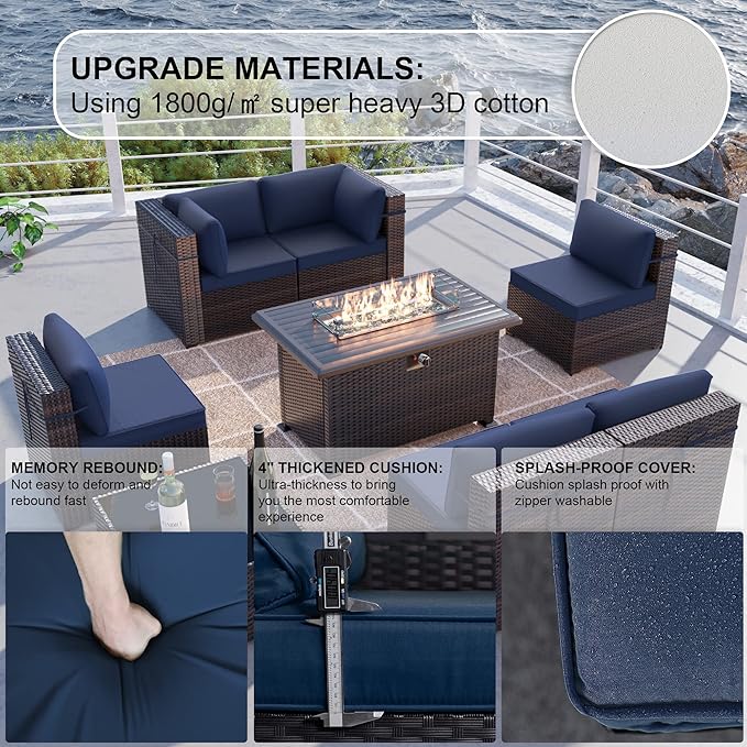 Kullavik 8 Pieces Outdoor Patio Furniture Set with 43" 55000BTU Gas Propane Fire Pit Table PE Wicker Rattan Sectional Sofa Patio Conversation Sets,Dark Blue - LeafyLoom