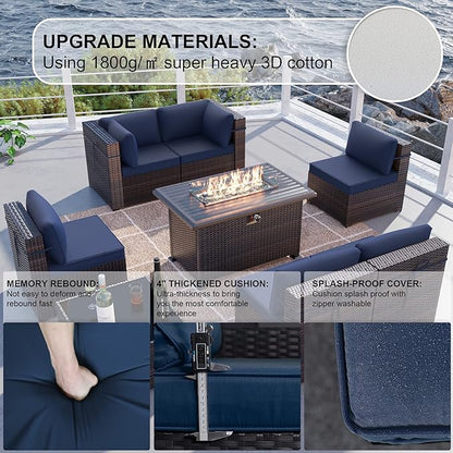 Kullavik 8 Pieces Outdoor Patio Furniture Set with 43" 55000BTU Gas Propane Fire Pit Table PE Wicker Rattan Sectional Sofa Patio Conversation Sets,Dark Blue - LeafyLoom