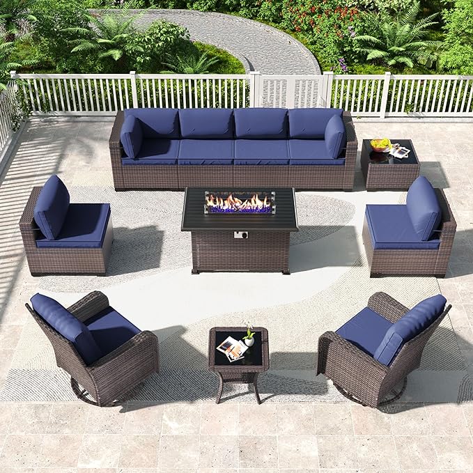 Kullavik 11PCS Outdoor Patio Furniture Set,PE Wicker Rattan Sectional Sofa Patio Conversation Sets with 43" 55000BTU Gas Propane Fire Pit Table,Swivel Rocking Chairs Set,Navy Blue - LeafyLoom