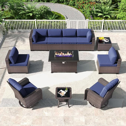 Kullavik 11PCS Outdoor Patio Furniture Set,PE Wicker Rattan Sectional Sofa Patio Conversation Sets with 43" 55000BTU Gas Propane Fire Pit Table,Swivel Rocking Chairs Set,Navy Blue - LeafyLoom