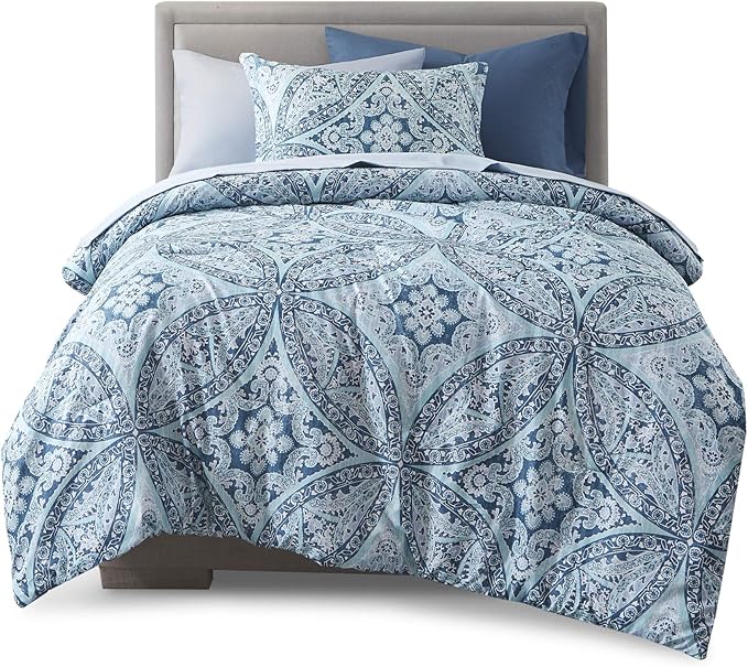 Comfort Spaces Bed in A Bag - Trendy Casual Design Cozy Comforter with Complete Sheet Set with Side Pocket, All Season Cover, Matching Shams, Twin(66"x90"), Gloria, Damask Blue 6 Piece - LeafyLoom