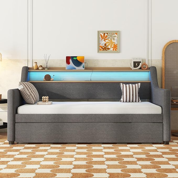 Twin Size Upholstered Daybed with Trundle, Twin Linen Sofa Bed Daybed with Charging Station and LED Lights, Day Bed Frame w/Headboard & Wood Slat Support for Bedroom, Living Room, Gray - LeafyLoom