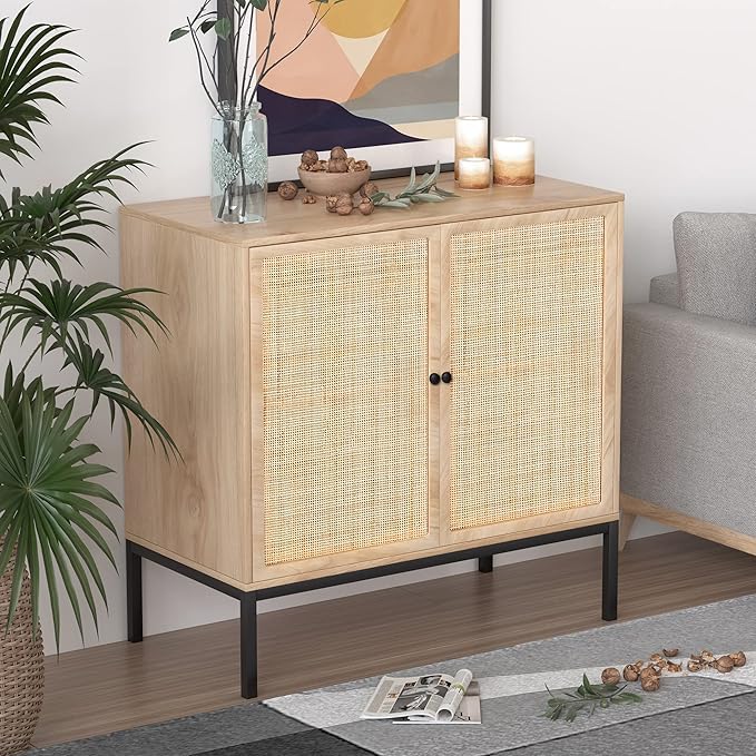 XIAO WEI Sideboard with Handmade Natural Rattan Doors, Rattan Cabinet Console Table Storage Cabinet Buffet Cabinet, for Kitchen, Living Room, Hallway, Entryway, Natural - LeafyLoom