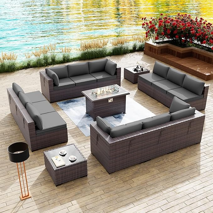 Kullavik 15PCS Outdoor Patio Furniture Set with 43" 55000BTU Gas Propane Fire Pit Table PE Wicker Rattan Sectional Sofa Patio Conversation Sets for Backyard,Grey Cushions - LeafyLoom