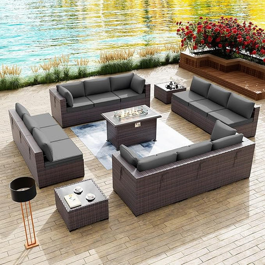 Kullavik 15PCS Outdoor Patio Furniture Set with 43" 55000BTU Gas Propane Fire Pit Table PE Wicker Rattan Sectional Sofa Patio Conversation Sets for Backyard,Grey Cushions - LeafyLoom