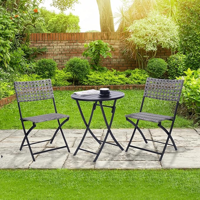 BACKYARD EXPRESSIONS PATIO · HOME · GARDEN 3 Pc 3 Piece Folding Outdoor Bistro, Wicker Furniture Table and Chairs for Garden, Backyard, Porch, Patio Conversation Set, Grey/Black - LeafyLoom