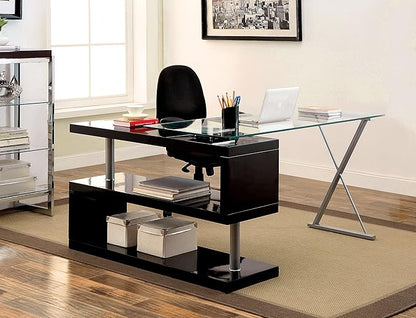 Furniture of America Lilliana S-Shaped Glass-Top Office Desk, Black - LeafyLoom