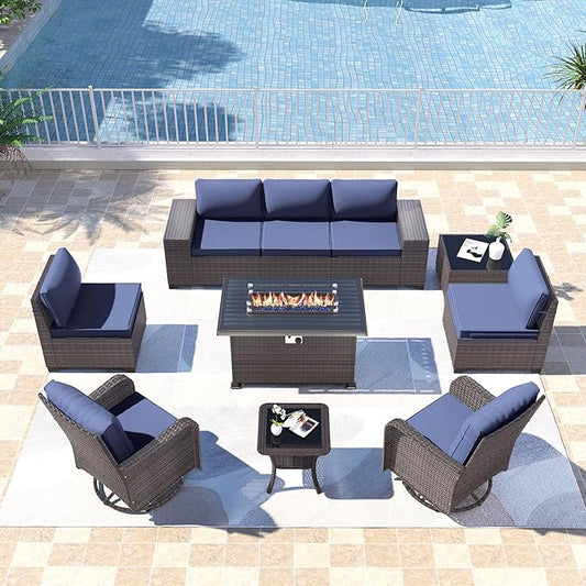 Kullavik 10PCS Outdoor Patio Furniture Set,PE Wicker Rattan Sectional Sofa Patio Conversation Sets with 43" 55000BTU Gas Propane Fire Pit Table,Swivel Rocking Chairs Set,Dark Blue - LeafyLoom