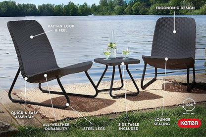 Keter Rio 3 Piece Resin Wicker Patio Furniture Set with Side Table and Outdoor Chairs, Dark Grey - LeafyLoom