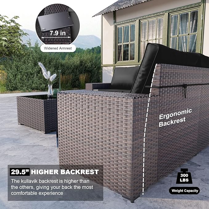 Kullavik 13PCS Outdoor Patio Furniture Set with 43" 55000BTU Gas Propane Fire Pit Table PE Wicker Rattan Sectional Sofa Patio Conversation Sets,Black - LeafyLoom