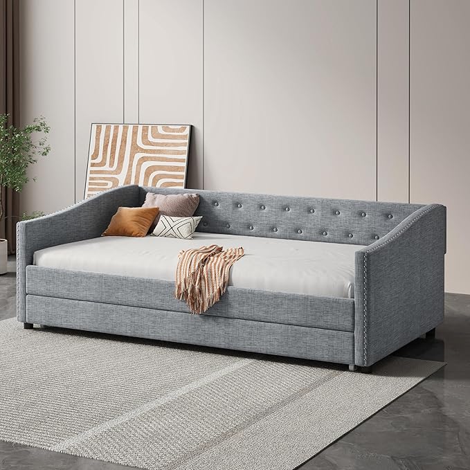 Twin Size Daybed with Trundle, Upholstered Tufted Sofa Bed with Button on Back and Piping on Waved Shape Arms for Bedroom, Apartment, Living Room, Wooden Slats Support, Light Grey - LeafyLoom