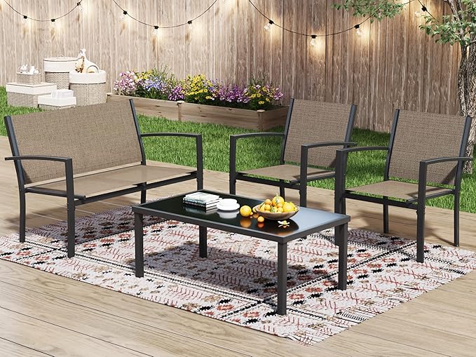 Greesum 4 Pieces Patio Furniture Set, Outdoor Conversation Sets for Patio, Lawn, Garden, Poolside with A Glass Coffee Table, Brown - LeafyLoom