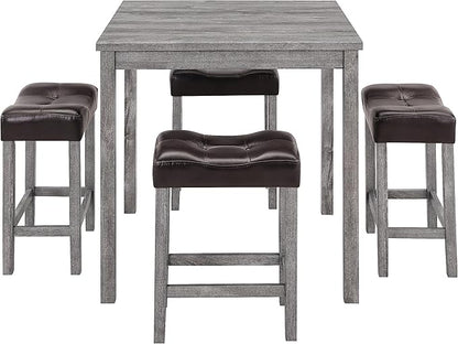 5 Piece Square, Industrial Breakfast Table + 4 Upholstered Stools, Bistro Dining Set, for Living, Small Apartment, Farmhouse, Game Room, Brown+Light Gray - LeafyLoom