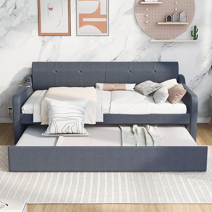 Upholstered Daybed with Pop Up Trundle, Twin Size Daybed with Trundle and USB Charging Ports, for Living Room Bedroom Guest Room, Gray - LeafyLoom