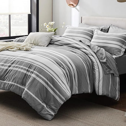 Bedsure King Size Comforter Set - 7 Pieces King Bedding Sets All Season Bed Set, Grey White Striped Bed in a Bag with Comforter, Sheets, Pillowcases & Shams - LeafyLoom