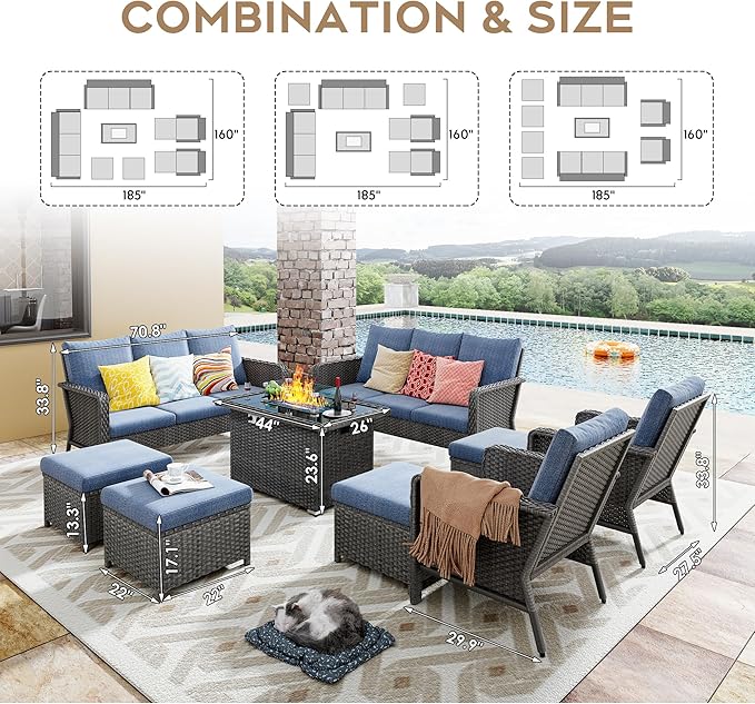 Yechen Patio Conversation Set 12 Seats with 44" Propane Gas Fire Pit Table - 9 Pcs Outdoor Wicker Furniture Set with Lid & Wind Shields - Sectional Sofa Set for Porch,Backyard - LeafyLoom