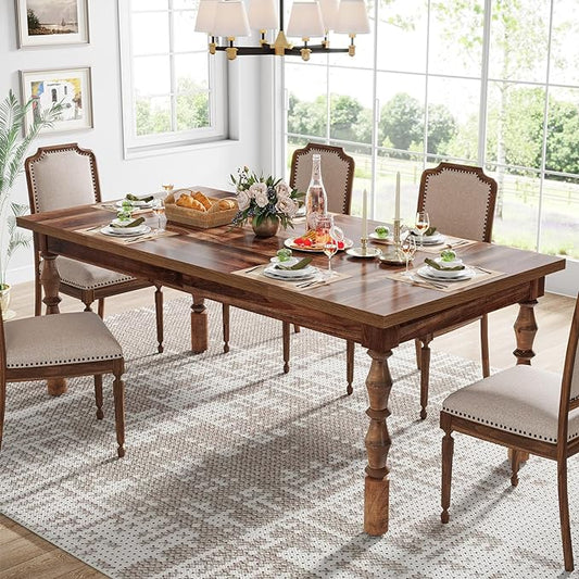 Tribesigns 62” Wood Dining Table for 4-6 People, Farmhouse Large Rectangle Kitchen Table, Dinner Table Kitchen & Dining Room Furniture with Carved Turned Legs - LeafyLoom