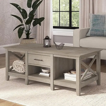 Bush Furniture Key West Coffee Table with Storage in Washed Gray - LeafyLoom