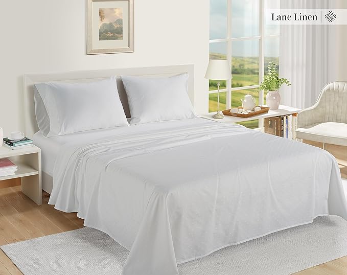 LANE LINEN Luxury 100% Egyptian Cotton Bed Sheets - 1000 Thread Count 4PC Full Sheets Set, Long Staple Cotton Bedding Sheets, Sateen Weave, Hotel Sheets, Fits Upto 16" Mattress, Swiss Dot - White - LeafyLoom