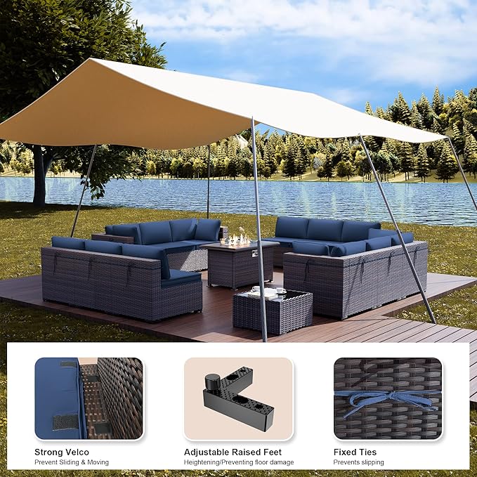 Kullavik 15PCS Outdoor Patio Furniture Set with 43" 55000BTU Gas Propane Fire Pit Table PE Wicker Rattan Sectional Sofa Patio Conversation Sets,Dark Blue - LeafyLoom