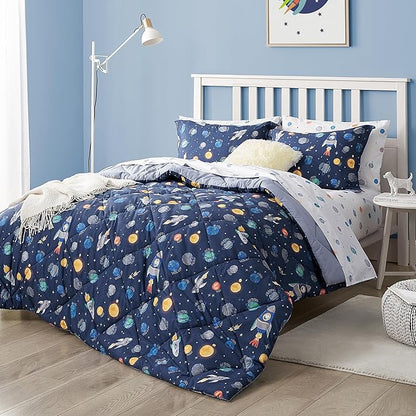 Kids Bedding Set for Boys, Twin Size 5 Pieces Space Themed Bed in a Bag, Super Soft Lightweight Microfiber Comforter Set with Sheets, Hotel Quality Durable Children Bed Set - LeafyLoom