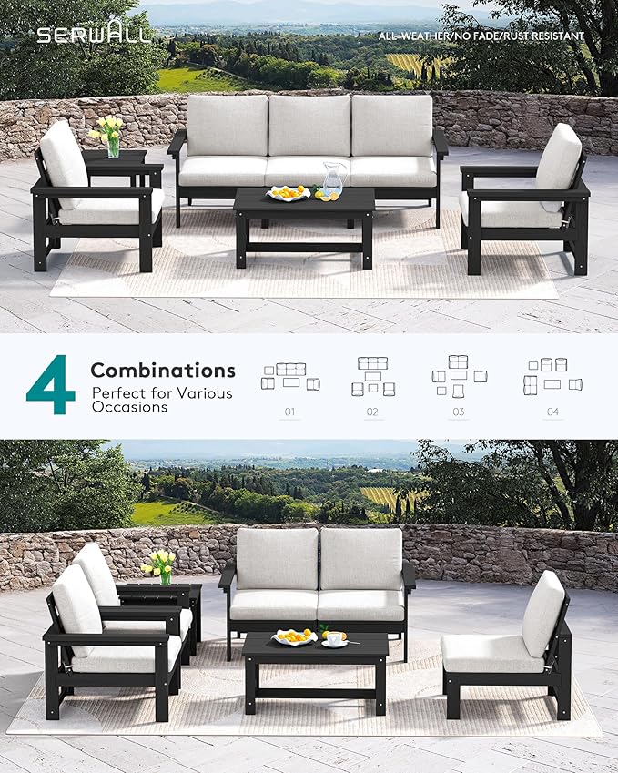 SERWALL HDPE Patio Coversation Set, 7-piece Outdoor Sectional Sofa Set, All Weather Patio Couch Set Patio Furniture for Balcony, Deck, Black Frame with Khaki Cushion - LeafyLoom