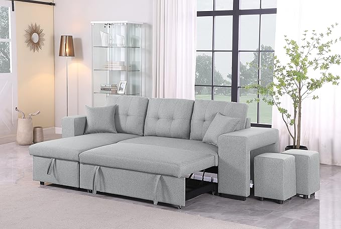 RITSU Reversible Sectional Sofa with Pull Out Loveseat Sleeper Bed Storage Space and 2 Stools, Corner Couch with Side Cabinets, Suitable for Living Room, Apartment Light Gray, 95.27inch - LeafyLoom