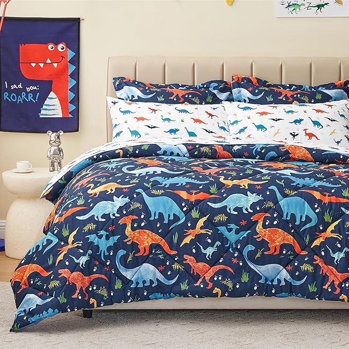 Kids Twin Dinosaur Bedding Comforter Set for Boys, 5 Pieces Twin Size Dinosaur Kids Bedding Set, Super Soft Lightweight Microfiber Comforter Set with Sheets for All Seasons - LeafyLoom