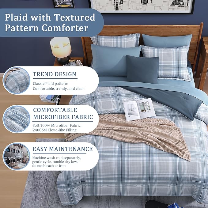 Light Blue Bedding Sets Full, Plaid Full Size Comforter Sets for Boys & Girls,Classic Homestead-style Comforter Full Size with Full Size Bed Sheets and Comforter Set - LeafyLoom