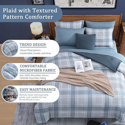 Light Blue Bedding Sets Full, Plaid Full Size Comforter Sets for Boys & Girls,Classic Homestead-style Comforter Full Size with Full Size Bed Sheets and Comforter Set - LeafyLoom