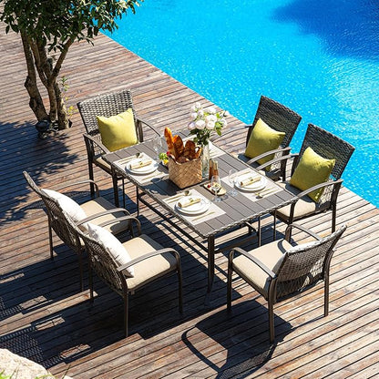 Pamapic 8504 Patio Dining 7 Piece, Outdoor Wicker Furniture Set for Backyard Garden Deck Poolside/Iron Slats Table Top, Removable Cushions, 7 Pack, Beige - LeafyLoom