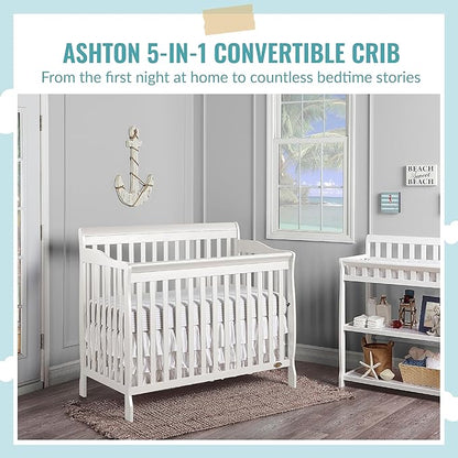 Dream On Me Ashton 4-In-1 Convertible Crib In White, Greenguard Gold, JPMA Certified, Non-Toxic Finishes, Features 4 Mattress Height Settings, Made Of Solid Pinewood - LeafyLoom