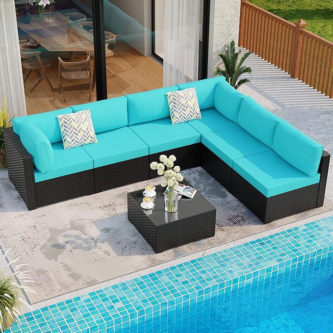 Shintenchi 7 Pieces Outdoor Patio Sectional Sofa Couch, Black PE Wicker Furniture Conversation Sets with Washable Cushions & Glass Coffee Table for Garden, Poolside, Backyard (Blue) - LeafyLoom