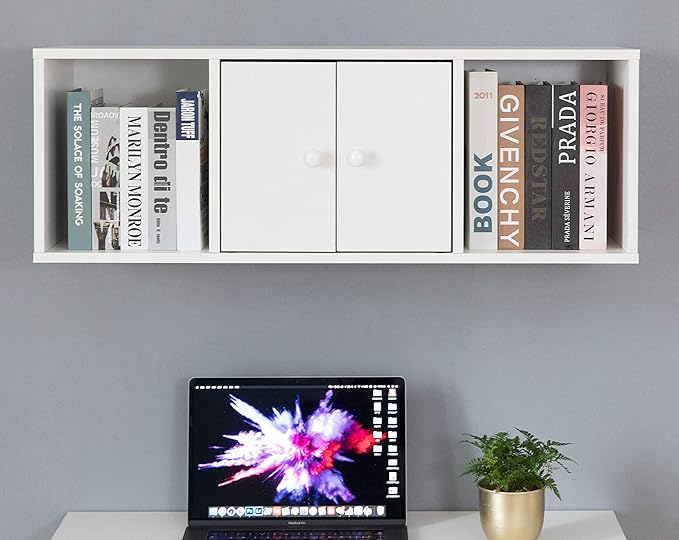 Wall Mounted Office Computer Desk and Floating Hutch Cabinet, White - LeafyLoom