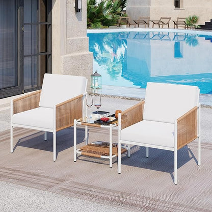 Shintenchi 3 Piece Wicker Patio Furniture Set, Outdoor Furniture Rattan Conversation Set with Two Single Chairs and Coffee Table for Backyard, Balcony, Poolside - LeafyLoom