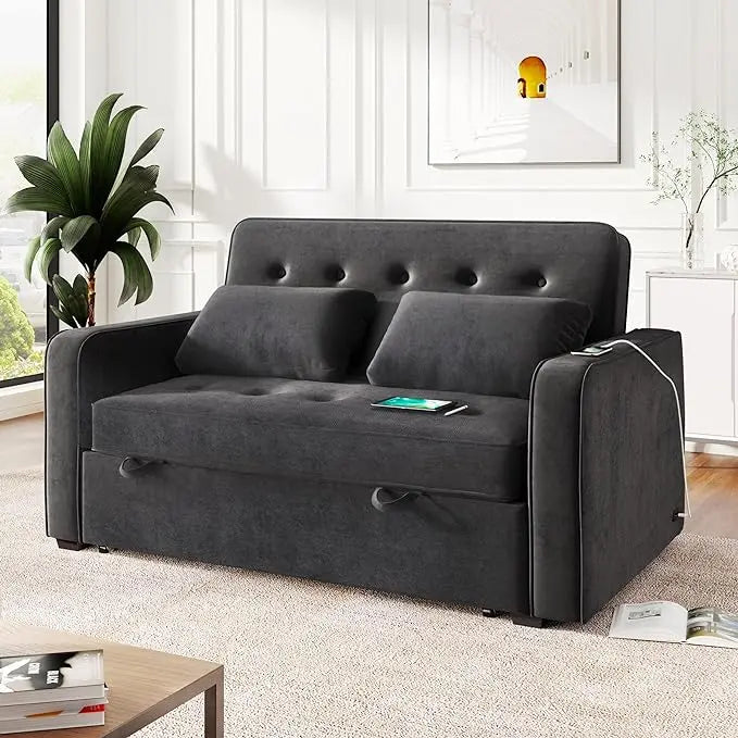 3 in 1 Multi-Functional Pull Out Sofa Bed , Velvet Upholstered Convertible Sleeper Loveseat Couch Guest Daybed with Adjustable Backrest and Dual USB Charging Port for Living Room Office RV Furniture - LeafyLoom