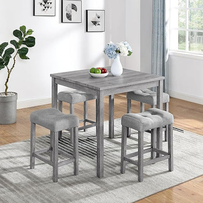 5 Piece Square, Industrial Breakfast Table + 4 Upholstered Stools, Bistro Dining Set, for Living, Small Apartment, Farmhouse, Game Room, Gray - LeafyLoom