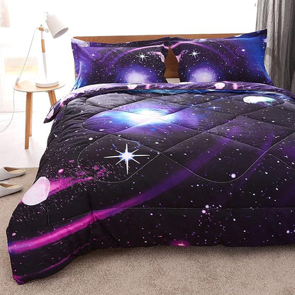 Wowelife Galaxy Twin Size Bedding Sets 5 Pieces Galaxy Space Comforter Set Blue 3D Kids Bed in A Bag Comforter Set for Girls Boys Lightweight with Comforter, Flat Sheet, Fitted Sheet and 2 Pillowcases - LeafyLoom