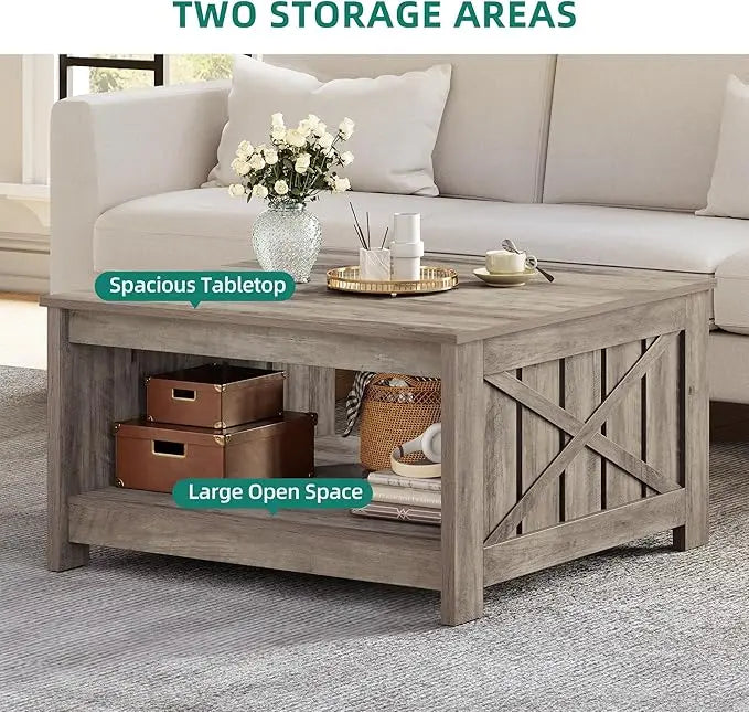 YITAHOME Coffee Table Farmhouse Coffee Table with Storage Rustic Wood Cocktail Table,Square Coffee Table for Living Meeting Room with Half Open Storage Compartment, Rustic Grey - LeafyLoom