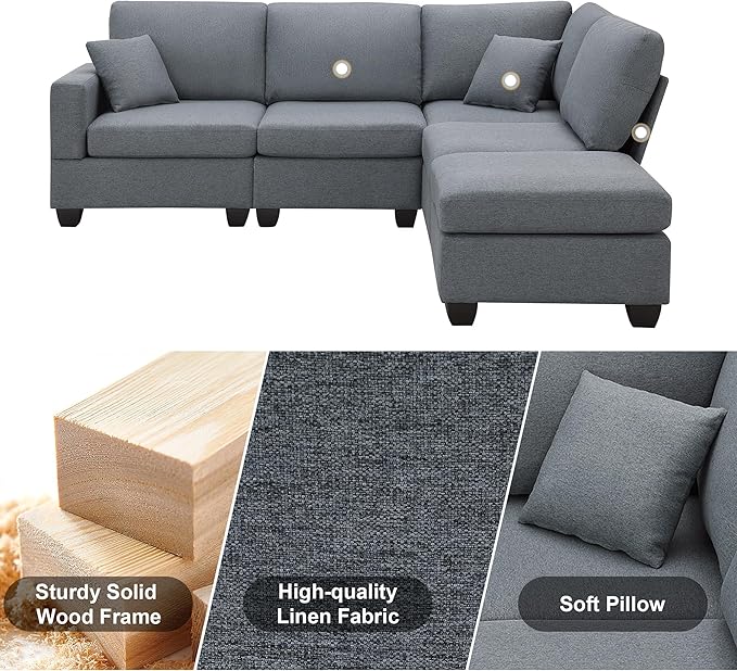 89.8" Modern Sectional Sofa with Convertible Ottoman and 2 Pillows,L-Shape Linen Fabric Corner Couch 5 Set W/Back & Cushion,can Hold up to 330 Lbs,for Apartment,Living Room,Dark Grey - LeafyLoom