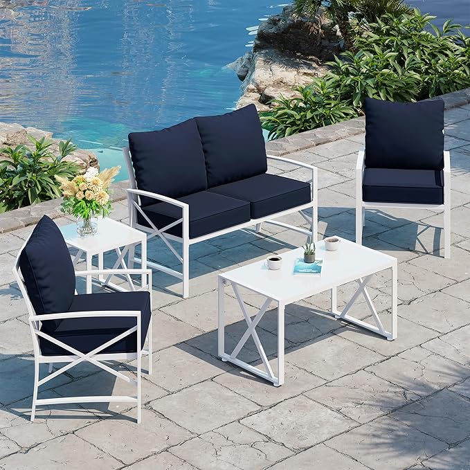 Shintenchi 5 Piece Outdoor Furniture Sets, White Metal Sofa Conversation Sets with Loveseat, Two Single Chairs and Two Coffee Tables for Backyard, Patio, Balcony, Poolside (Dark Blue) - LeafyLoom