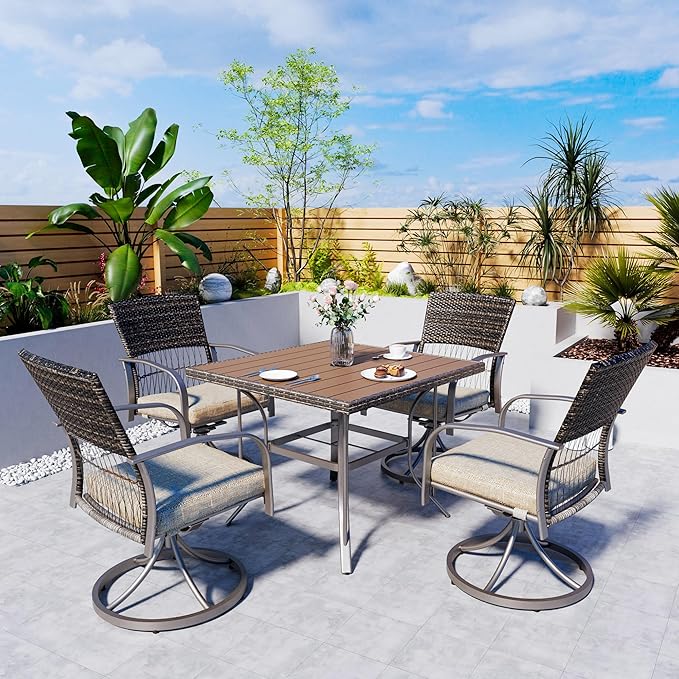 Pamapic 5 Piece Patio Dining Set for 4,Outdoor Wicker Furniture Set for Backyard Garden Deck Poolside with 4 Cushions Swivel Rocker Chairs,Square Plastic-Wood Table Top, Removable Cushions(Beige) - LeafyLoom