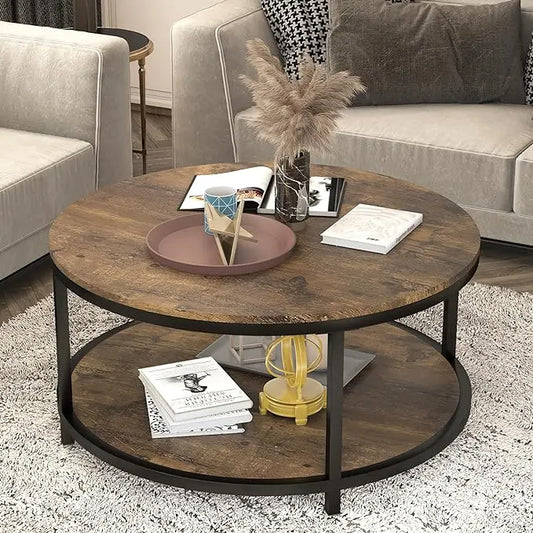 NSdirect 36 inches Round Coffee Table, Rustic Wooden Surface Top & Sturdy Metal Legs Industrial Sofa Table for Living Room Modern Design Home Furniture with Storage Open Shelf (Brown) - LeafyLoom