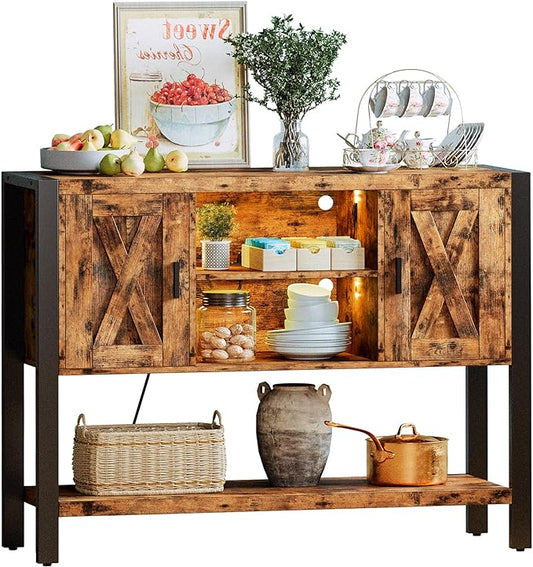 IRONCK Sideboard Buffet Cabinet with LED Light & Charging Station, Coffee Station Table, Bar Storage for Kitchen, Dining Room, Living Room, Vintage Brown - LeafyLoom