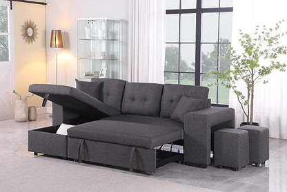 RITSU Reversible Sectional Sofa, Pull Out Loveseat Sleeper Bed Storage Space and 2 Stools, Corner Couch with Side Cabinets, Suitable for Living Room, Apartment Dark Gray, 95.27inch - LeafyLoom