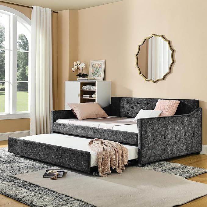 Full Size Upholstered Daybed with Twin Size Trundle, Tufted Sofa Bed w/Waved Shape Arms, for Bedroom Living Room, No Box Spring Needed & Space-Saving Design, Grey - LeafyLoom