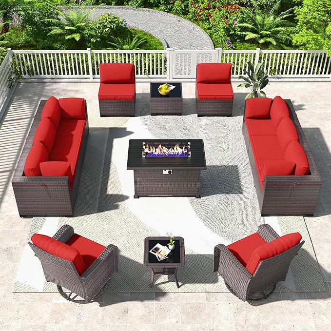 Kullavik 13PCS Outdoor Patio Furniture Set,PE Wicker Rattan Sectional Sofa Patio Conversation Sets with 43" 55000BTU Gas Propane Fire Pit Table,Swivel Rocking Chairs Set,Dark Red - LeafyLoom