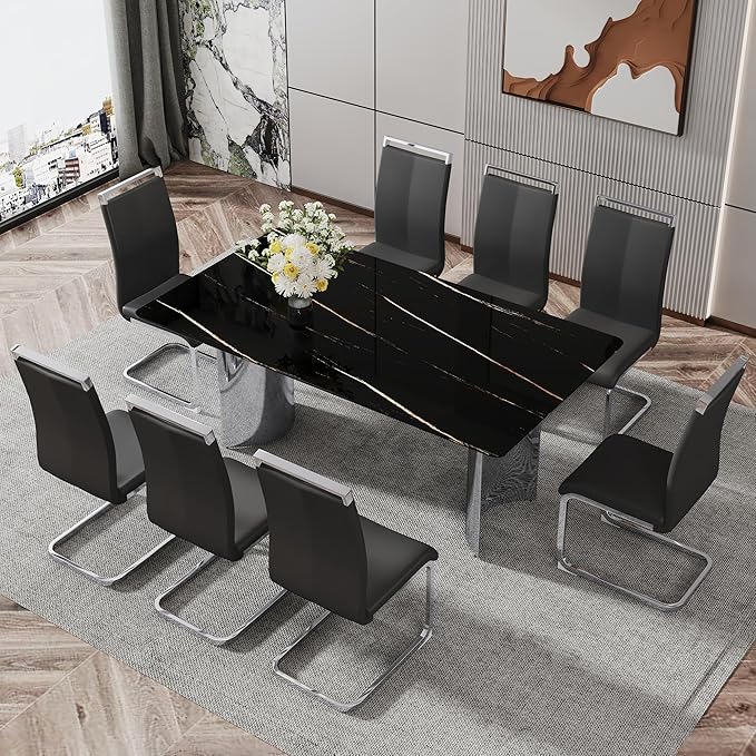 NicBex Modern Minimalist Dining Table Black Imitation Marble Glass Desktop is Equipped with Silver Metal Legs Suitable for Restaurants and Living Rooms, Black + Silver - LeafyLoom